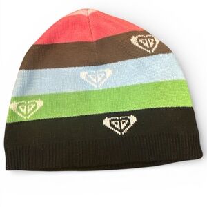 Roxy Y2K Reversible Knit Beanie Hat Logo Spell-Out Striped Surf Skate Retro NWOT